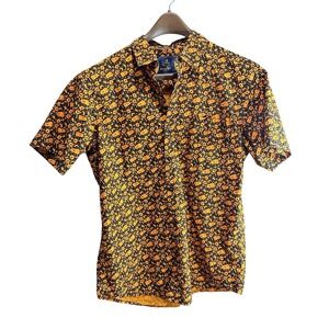Rugby University Mens Orange Black Halloween Print Short Sleeve Button Up‎ Shirt